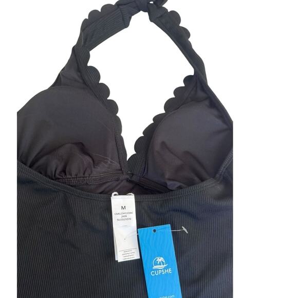 Cupshe Black Halter Scalloped Tankini Top and Standard Bottoms 2 pc Medium - Picture 9 of 9